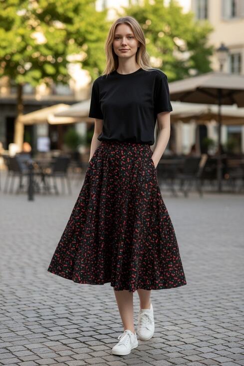Tulip B Dresses & Skirts - Tulip B Cherry Print Midi Skirt Small Black Red A-Line NWT Lined Retro